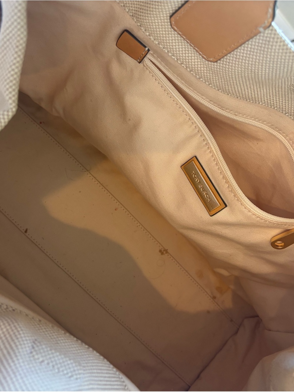 LARGE Tory Burch Ella Natural Canvas Tote with Tan Leather Trim Bag - Picture 9 of 11